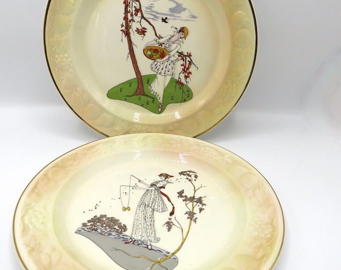 Royal Worcester Palissy Spode Embossed Art Deco Lady Plates 2x Collectable plates set / Collectable plates / vintage Plate set