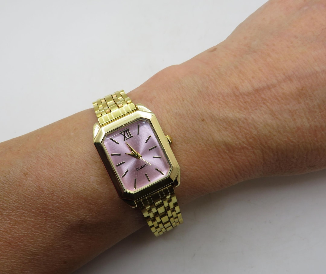 Vintage Gold Watch: Pink Dial, Rectangle Face BB25 - Etsy