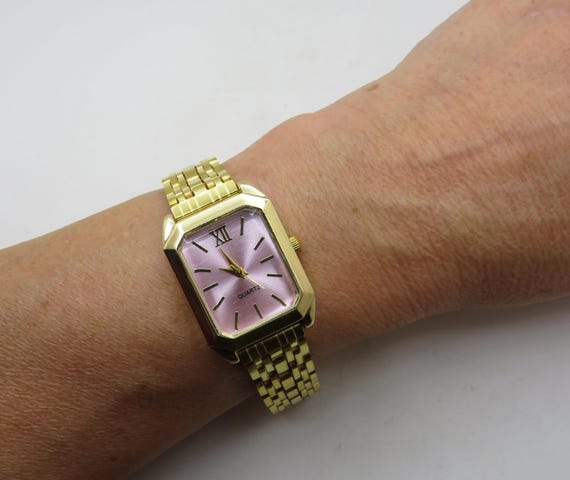 Vintage Gold Watch: pink Dial, Rectangle Face BB25
