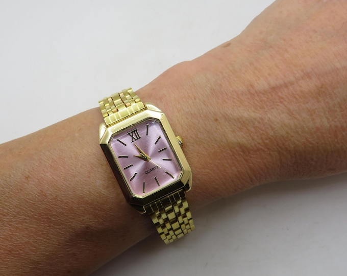 Vintage Gold Watch: pink Dial, Rectangle Face BB25