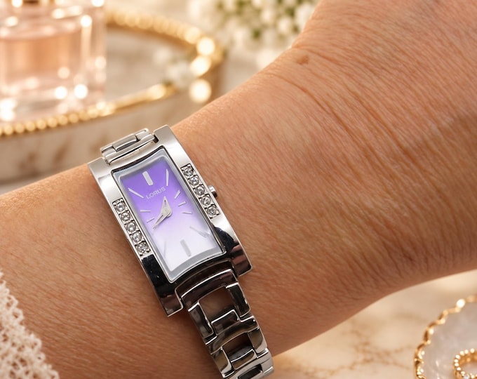 Vintage Lorus Seiko Ladies Dress Watch, Purple Rectangle Dial q25