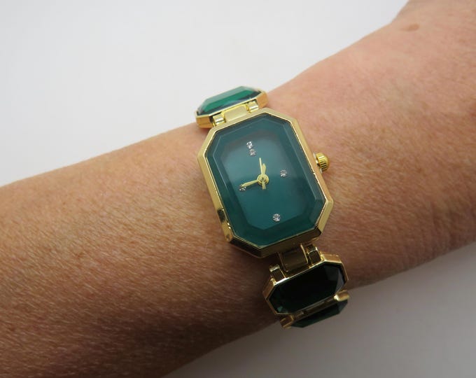 Green & Gold Rectangle Watch: Classic Ladies Bracelet Watch