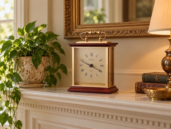 Vintage Brass Mantle Clock, Mahogany Case, German Quartz Movement