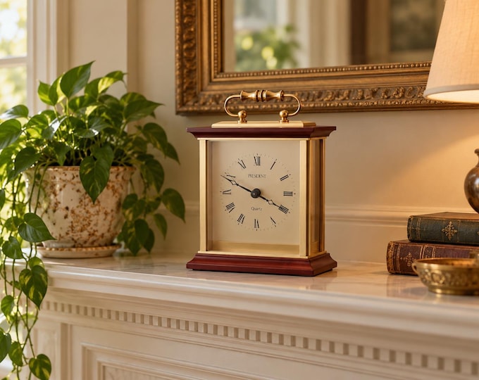 Vintage Brass Mantle Clock, Mahogany Case, German Quartz Movement