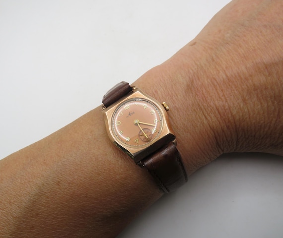 Vintage square sub dial watch / Rose gold watch / gold mechanical watch / Ladies Gold Dress Watch / salmon dial Watch / Gift for her