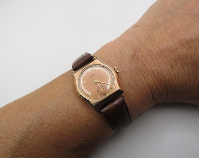 Vintage square sub dial watch / Rose gold watch / gold mechanical watch / Ladies Gold Dress Watch / salmon dial Watch / Gift for her