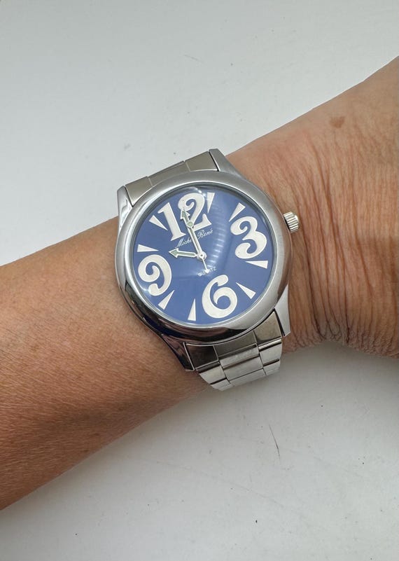 Michel Renée Men’s Watch, Large Blue Dial Quartz Watch, Silver Tone Bracelet, 41mm Statement Watch, Fits 8 Inch Wrist max (bb26)