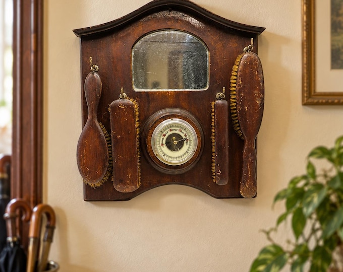 Vintage Wooden Barometer Wall Set: Mirror & Clothes Brushes( A)