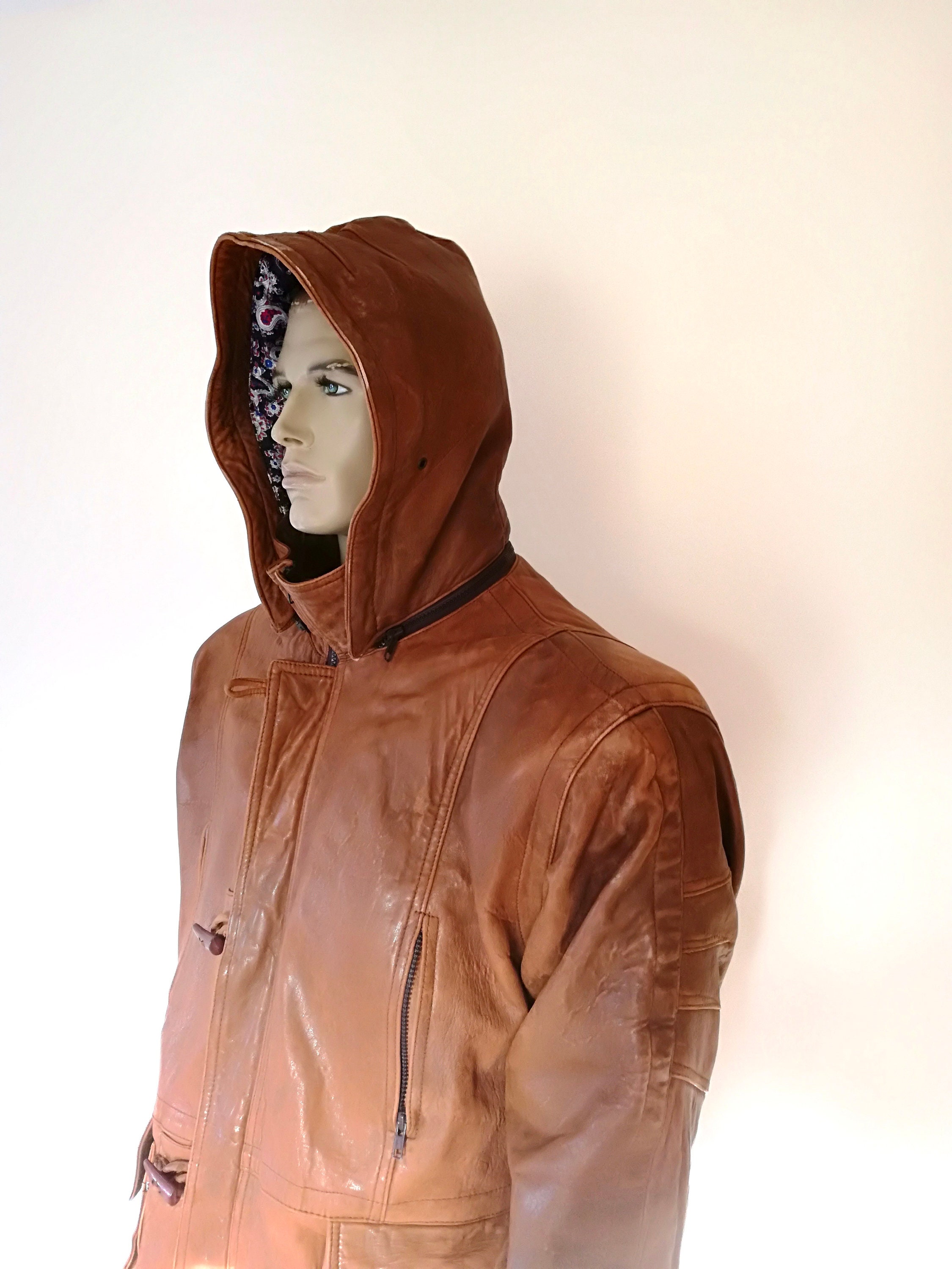 Leather Duffle Jacket Vintage Mens Leather Coat Size L