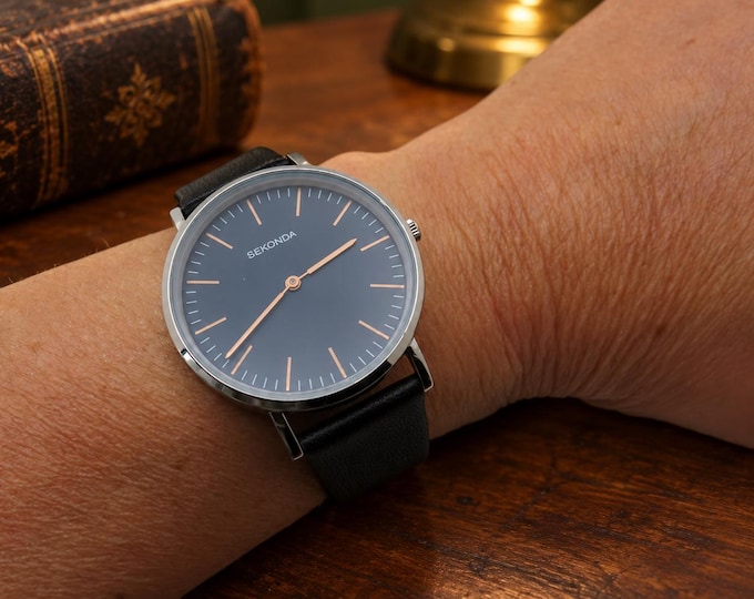 Sekonda Blue Dial Quartz Watch, Rose Gold Accent, Leather Strap (s8)