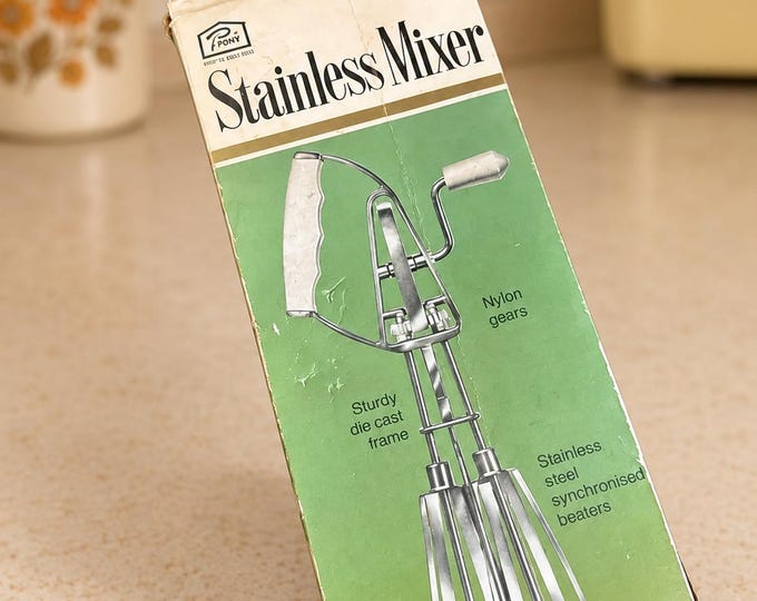 Vintage 1970s Boxed un-used Prova Stainless Steel Hand Whisk Mixer Boxed Kitchen Utensil
