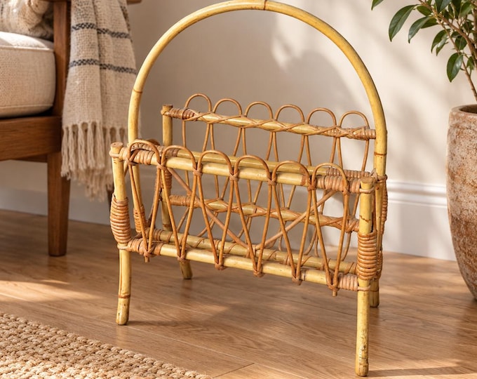 Vintage Rattan Magazine Rack, Mid Century Modern Decor