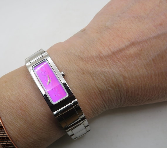 Vintage DKNY Pink Dial Watch | Women's Rectangle Dress Watch | Stainless Steel Quartz Wristwatch | Y2K Fashion Gift (Y19)