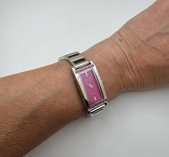ELLE Pearl Pink Crystal Ladies Watch – Stainless Steel Bracelet – Y2K Fashion – Rectangular Dial – Designer Women's