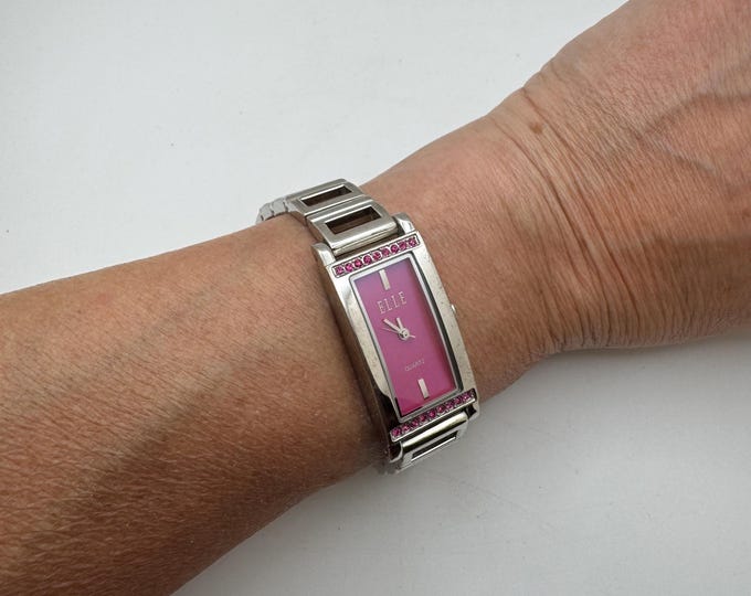ELLE Pearl Pink Crystal Ladies Watch – Stainless Steel Bracelet – Y2K Fashion – Rectangular Dial – Designer Women's