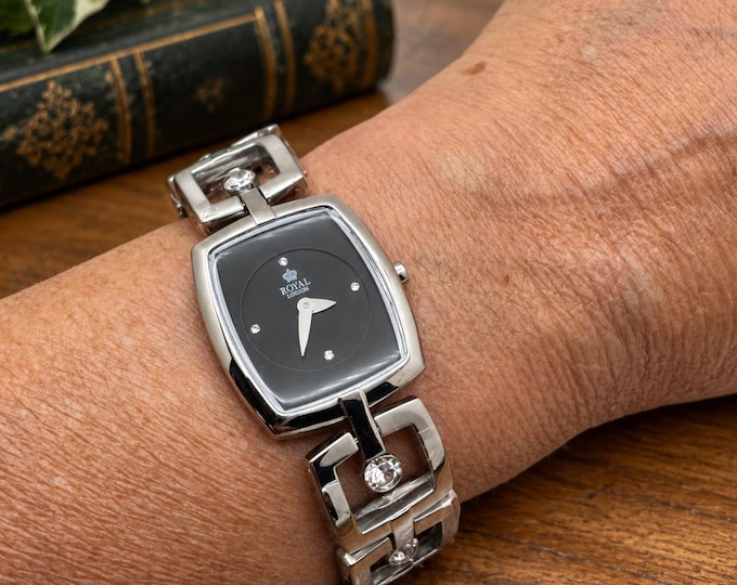 Royal London Ladies Watch: Silver Tone Bracelet, Black Dial, Crystal Accents (Boxed)