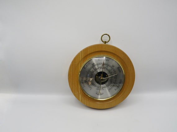 Vintage wall barometer   / Nautical barometer temperature gauge  / solid wooden wall brass  dial  /   Handmade Made in England