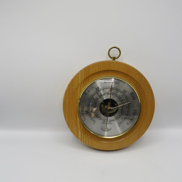 Vintage wall barometer   / Nautical barometer temperature gauge  / solid wooden wall brass  dial  /   Handmade Made in England