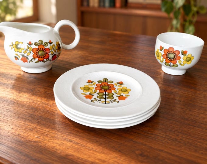 vintage  tea set /  Rare Espresso / retro coffee / Ironstone tea set / 6 x set / by Jessie Tait / J & G MEAKIN FLEUR SET