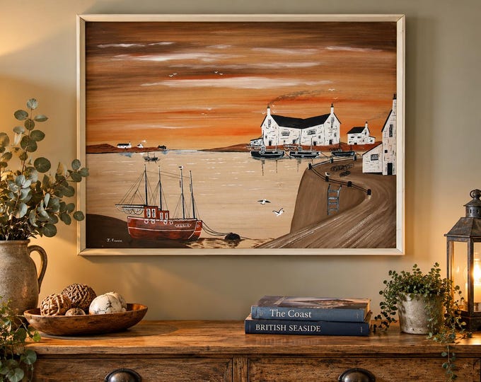 Vintage Art ORIGINAL / rare Seascape / retro WATERCOLOUR / Artist J Fisher / vintage art / vintage artwork / art / seaside / vintage boats /