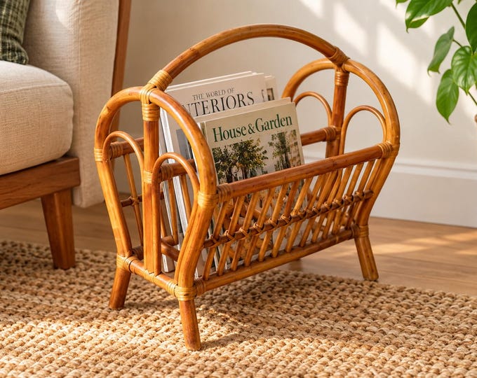 Vintage Bamboo Rattan Magazine Rack: Mid-Century Modern Design