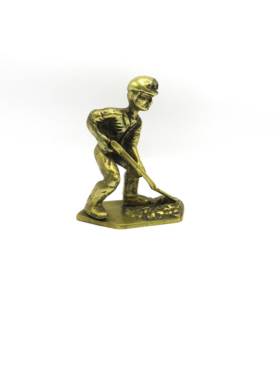 vintage brass miner / Heavy Solid Brass Model Figure Of A Coal Miner /  vintage brass / house / c1960