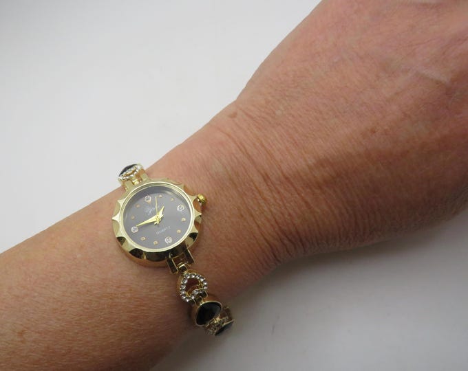 Vintage Heart Watch: Black Dial, Gold Plated Bracelet