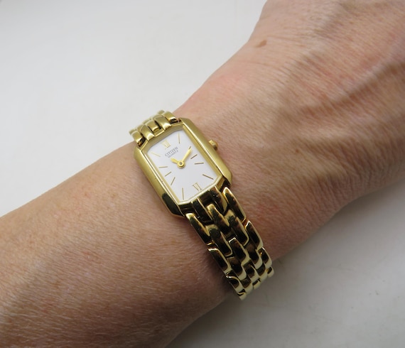 Vintage Gold Plated Citizen Rectangle Watch – Tank Dial, 6.8" Band (w6)