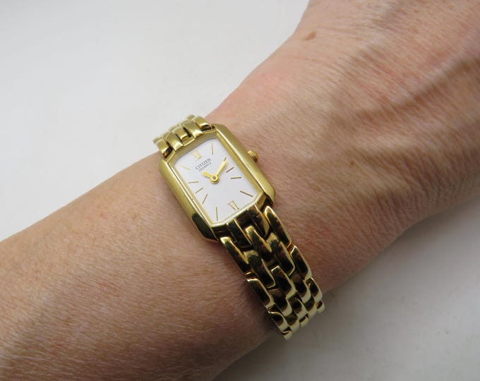 Vintage Gold Plated Citizen Rectangle Watch – Tank Dial, 6.8" Band (w6)