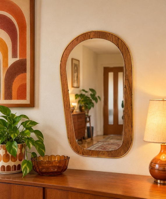 Vintage Formica atomic / RETRO Scandinavian / teak Framed Mirror C:1960s / retro home decor / teak mirror / retro teak /