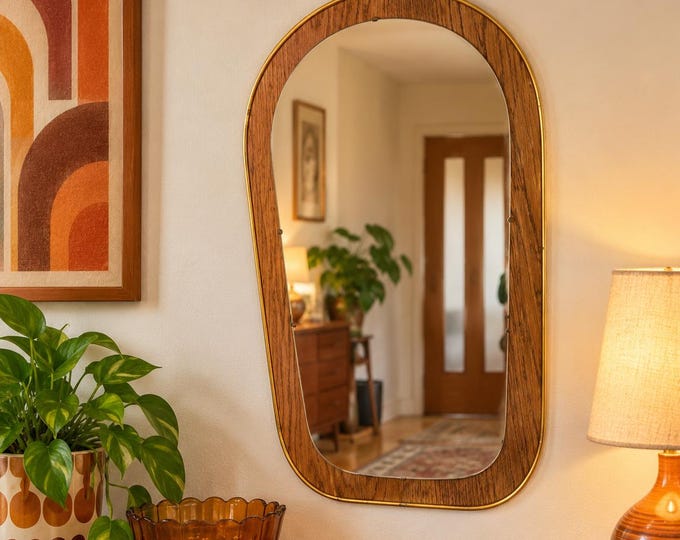 Vintage Formica atomic / RETRO Scandinavian / teak Framed Mirror C:1960s / retro home decor / teak mirror / retro teak /