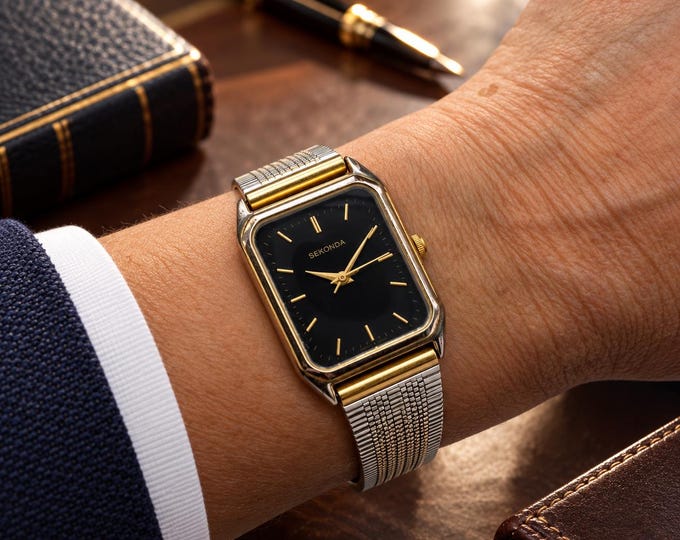 Vintage rectangle watch / tank, adjustable up to 8" wrist max  / gold watch / quartz watch / Vintage sekonda Watch / R8