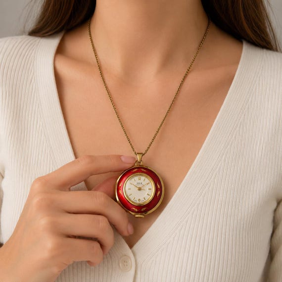 Vintage ORIS pocket watch mechanical watch / Red enamel / Gift for her (J23)