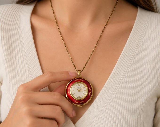 Vintage ORIS pocket watch mechanical watch / Red enamel / Gift for her (J23)