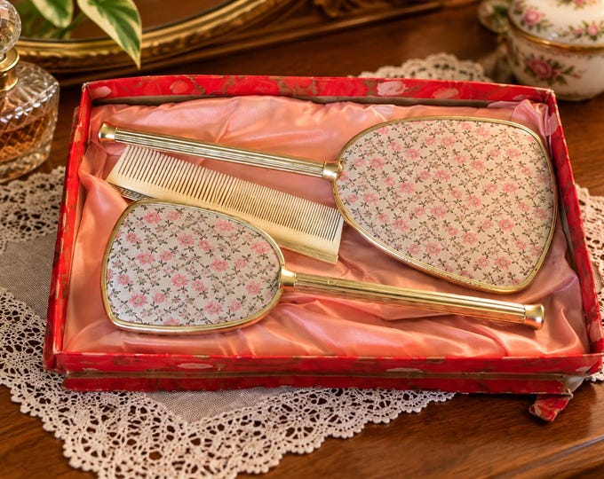 Vintage dressing table set / hand mirror  / Boxed like new / clothes brush / Made in England / vanity set / dressing table set / mid century