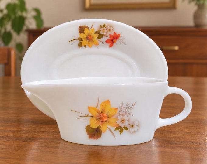 Vintage JAJ Pyrex Gravy Boat with Stand, Autumn Glory Design