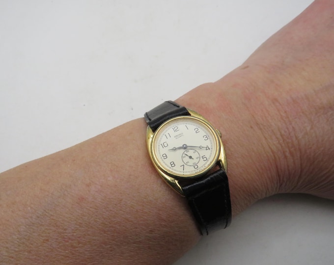Vintage Seiko Ladies Watch: White sub dial Dial, Black Leather Strap, Japan Quartz (v18)