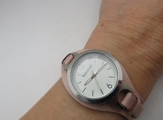 vintage cuff Watch / Pink leather /  / quartz battery / vintage surf / ladies / s28