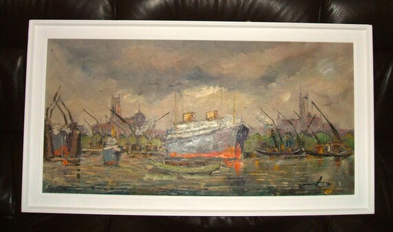 Large ship oil painting / Vintage signed Seascape / Nautical artwork 110 cms / retro art / retro seascape /
