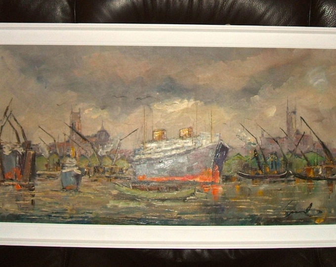 Large ship oil painting / Vintage signed Seascape / Nautical artwork 110 cms / retro art / retro seascape /