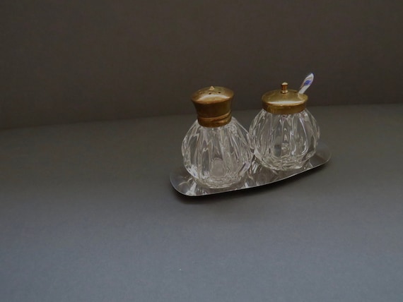 vintage shaker table set / vintage Hong Kong / cut glass shakers  / Condiment Caddy / Pepper Set  / c1960   (rb)