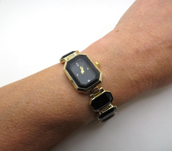 Bling Rectangle Black Watch: Gold Plated Bracelet, Classic Ladies Quartz