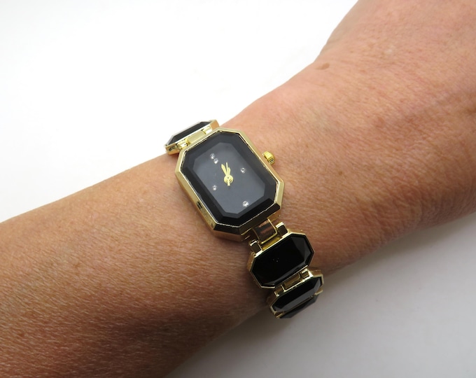 Bling Rectangle Black Watch: Gold Plated Bracelet, Classic Ladies Quartz