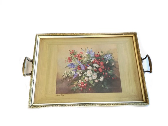 glass  tray /  Vintage serving tray  / 1950s tray / Cocktail Drinks / Serving Tray / garden glory