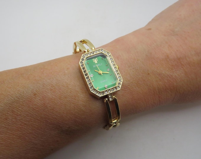Gold Watch: Green Dial, Rectangle Face BB23