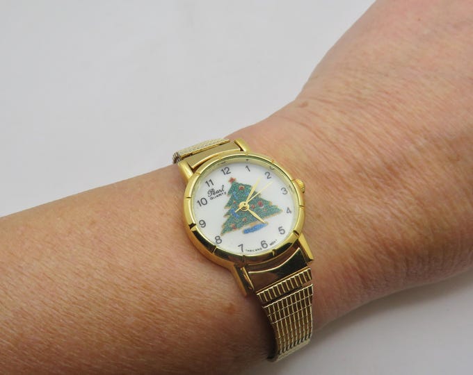 vintage Christmas tree watch / vintage Hong Kong wrist watch / womans gold watch / expanding wrist 7" watch / ladies watch (u12)