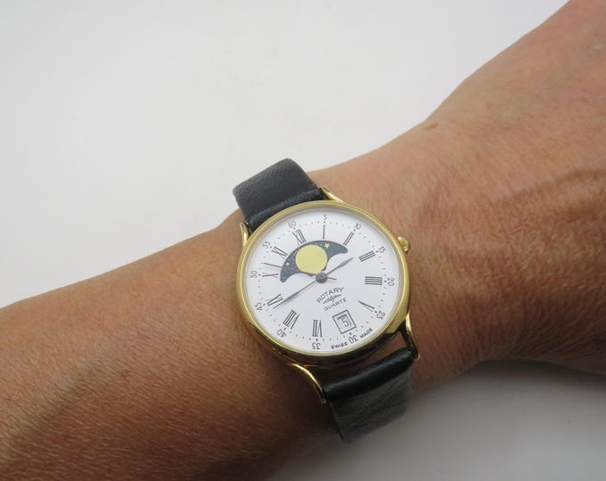 Vintage gold watch / Rotary Sun & moon watch / gold Quartz watch / gents Gold  Dress Watch / Gift for him (K15)