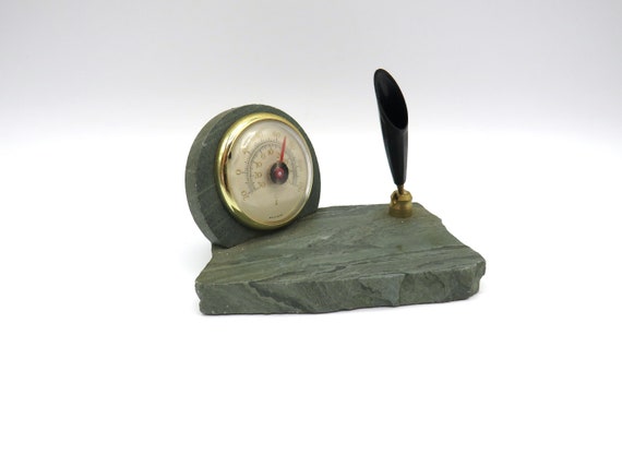 Vintage desk barometer / welsh slate pen holder / desktop pen clock holder / A