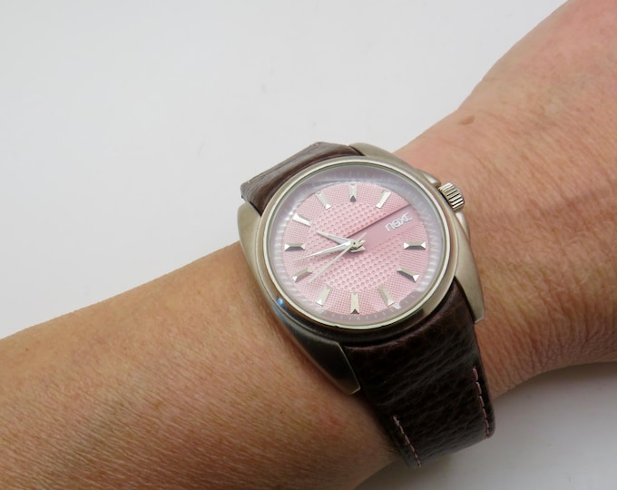 Vintage Next watch / Pink dial watch / Battery  Quartz watch / brown strap Watch / Gift for him (w30)