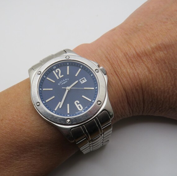 Vintage Rotary watch / Quartz watch / Blue dial watch / vintage gents Watch / Large wrist 8" watch / vintage sport  / gift for him (u27)